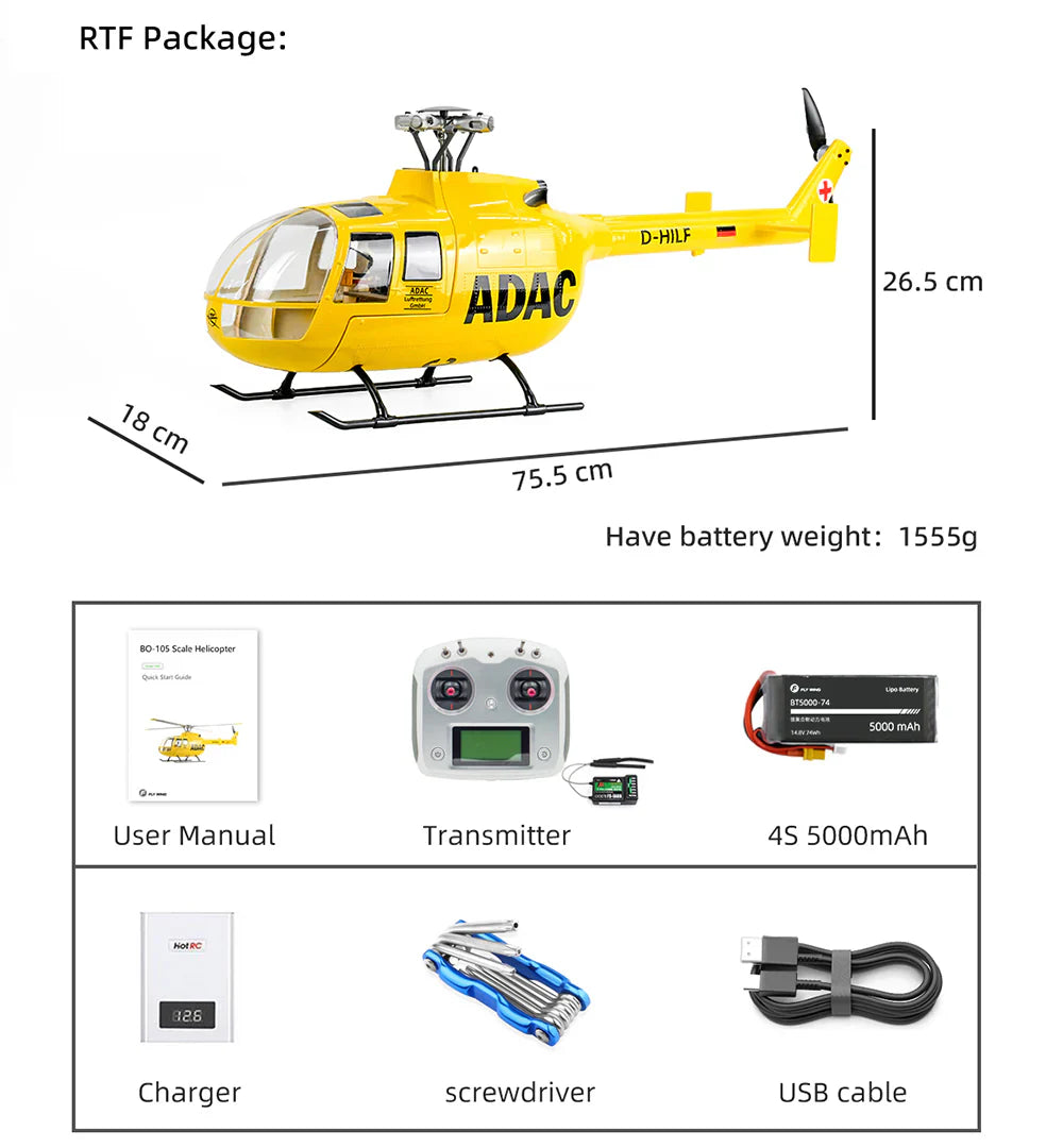 FLYWING BO-105 Universal RC Helicopter 470L Class 6CH Brushless GPS Stabilized Altitude Hold RC Helicopter H1 Flight Controller