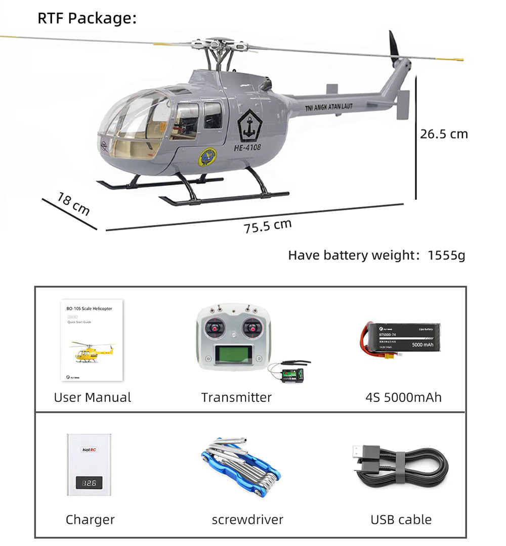 FLYWING BO-105 Universal RC Helicopter 470L Class 6CH Brushless GPS Stabilized Altitude Hold RC Helicopter H1 Flight Controller