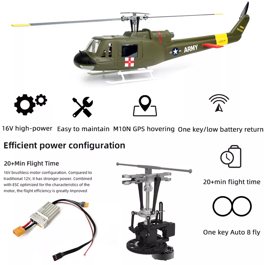 FLYWING UH1 V4 Huey Helicopter Upgrade Version 450L Class 6CH Brushless GPS Stabilized Altitude Hold RC Helicopter H1 Flight Controller